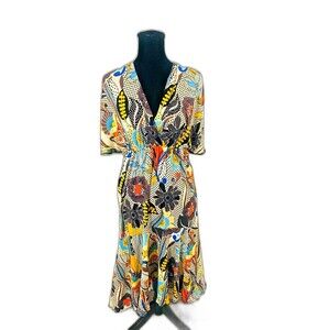 UNBRANDED Vintage Mod Print Kimono Sleeve Fitted Low Back Polyester Dress Small